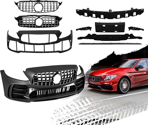 طقم تحويل المصد الأمامي متوافق مع 2015-2018 مرسيدس بنز C-Class W205 C300 C250 C200 C180، يستبدل OE# A2059067703 A2059064103 A2059062904، غطاء ممتص الصدمات بديل مباشر طراز GT-R in Kuwait