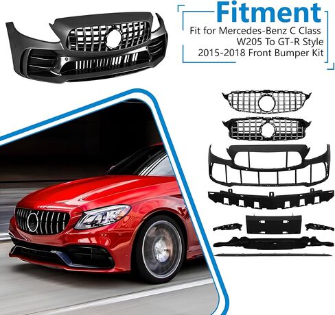 طقم تحويل المصد الأمامي متوافق مع 2015-2018 مرسيدس بنز C-Class W205 C300 C250 C200 C180، يستبدل OE# A2059067703 A2059064103 A2059062904، غطاء ممتص الصدمات بديل مباشر طراز GT-R in Kuwait