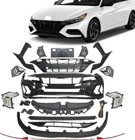 JX RACING Front Bumper Kit Assembly Compatible with Hyundai Elantra Sedan 2021-2023 Bumper Cover & Grille Grill & LED DRL Foglight & Radiator Support & Bracket 6513-F3500 86555-F3500 86510-AA000 in Kuwait