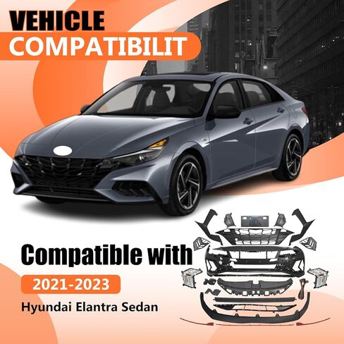 JX RACING Front Bumper Kit Assembly Compatible with Hyundai Elantra Sedan 2021-2023 Bumper Cover & Grille Grill & LED DRL Foglight & Radiator Support & Bracket 6513-F3500 86555-F3500 86510-AA000 in Kuwait