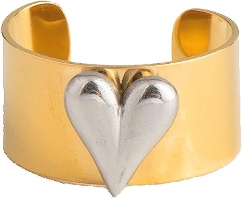 18K Gold-Plated or Silver Open Rings for Women Mam Unisex Jewelry Chunky Heart-Shaped Wide Band Rings Stainless Steel Gold/Silver Two-Tone Ring Size 7 Thick 12MM Couple Statement Rings Valentine's Gift in Kuwait