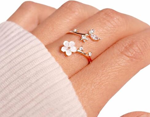 خاتم زهرة الولادة لمتلازمة القلب من الفضة الإسترليني عيار 925 - خاتم ساكورا من أم اللؤلؤ، خاتم زهور رقيق قابل للتعديل، هدية شخصية لحجر الميلاد لها in Kuwait