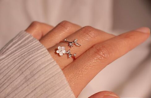 خاتم زهرة الولادة لمتلازمة القلب من الفضة الإسترليني عيار 925 - خاتم ساكورا من أم اللؤلؤ، خاتم زهور رقيق قابل للتعديل، هدية شخصية لحجر الميلاد لها in Kuwait