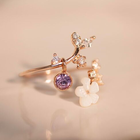 خاتم زهرة الولادة لمتلازمة القلب من الفضة الإسترليني عيار 925 - خاتم ساكورا من أم اللؤلؤ، خاتم زهور رقيق قابل للتعديل، هدية شخصية لحجر الميلاد لها in Kuwait