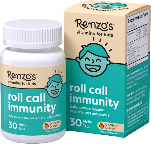 Renzo's Roll Call Immunity, Daily Postbiotic – Dissolvable Kids Immune Support Supplement - Sugar-Free Kids Vitamins, 30 Orange-Flavored Melty Tabs in Kuwait