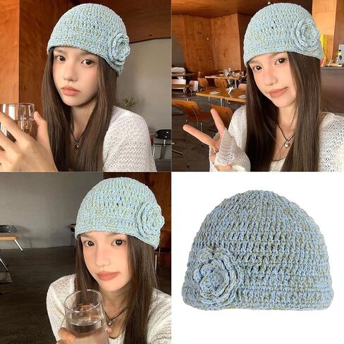 Handmade Knitted Hat Fashion Knitted Hat Elegant Flower Hat Soft Warm Headwear Winter Fashion Hat for Women Blue in Saudi Arabia
