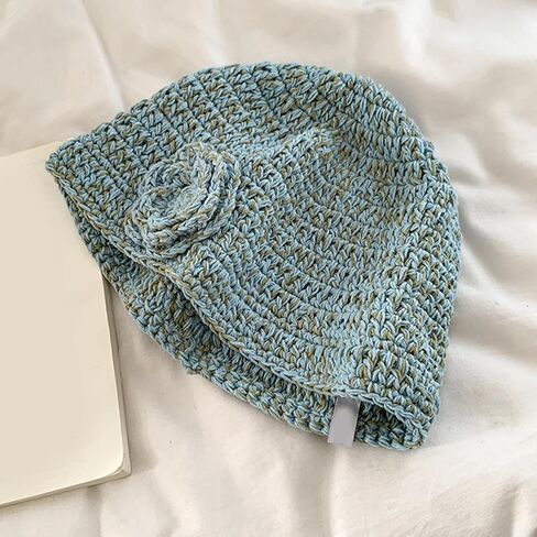 Handmade Knitted Hat Fashion Knitted Hat Elegant Flower Hat Soft Warm Headwear Winter Fashion Hat for Women Blue in Saudi Arabia