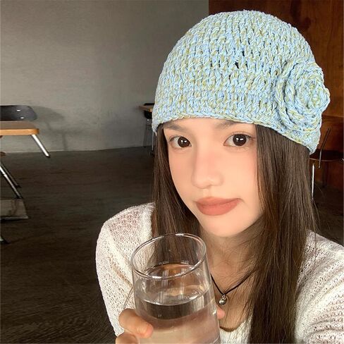 Handmade Knitted Hat Fashion Knitted Hat Elegant Flower Hat Soft Warm Headwear Winter Fashion Hat for Women Blue in Saudi Arabia