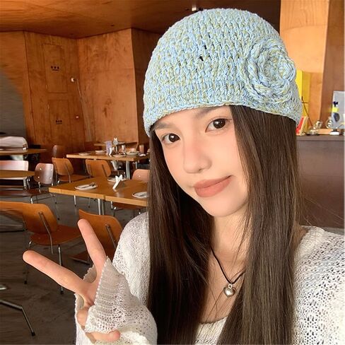 Handmade Knitted Hat Fashion Knitted Hat Elegant Flower Hat Soft Warm Headwear Winter Fashion Hat for Women Blue in Saudi Arabia