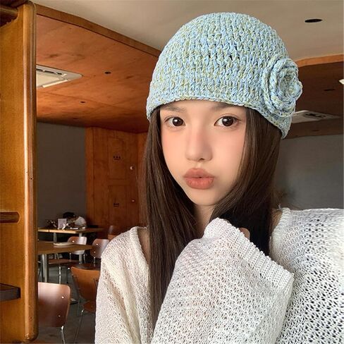 Handmade Knitted Hat Fashion Knitted Hat Elegant Flower Hat Soft Warm Headwear Winter Fashion Hat for Women Blue in Saudi Arabia