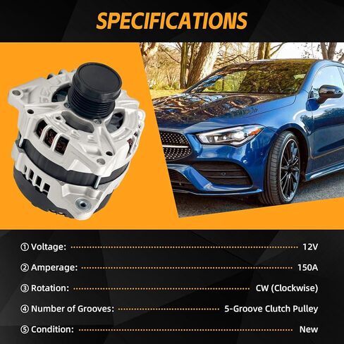 Alternator 12V 150A Compatible with Mercedes-Benz CLA250 2014-2019 L4 2.0L, GLA250 2015-2020 L4 2.0L, 0125711055 0125711030 in Kuwait