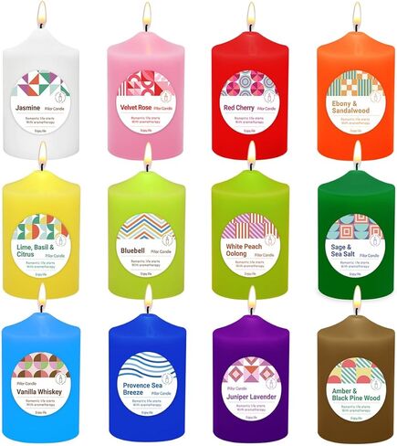 مجموعة شموع عمودية ملونة معطرة للمنزل مقاس 12-2x3 بوصة - شموع عمود كبيرة بدون دخان ولا تقطر، شمعة بارافين تدوم 20 ساعة لطاولة العشاء، وعيد الميلاد وديكو المنزل in Kuwait