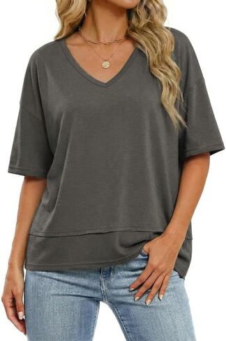 Women's V Neck Short Sleeve T Shirts 2026 Casual Loose Fit Solid Color Tops in Saudi Arabia