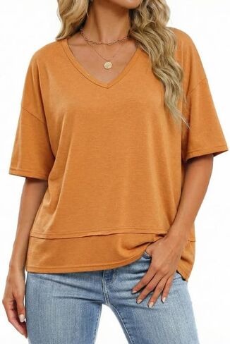 تي شيرت نسائي بأكمام قصيرة ورقبة على شكل V 2026 بلايز كاجوال فضفاضة بلون واحد in Kuwait