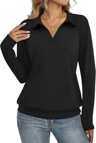 Womens Long Sleeve Shirts Business Casual Tops Collared V Neck Blouses Solid Color Banded Bottom Tops in Kuwait