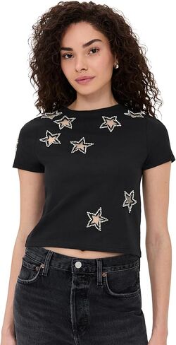 alice + olivia Women's Cindy Classic Cropped Tee with Crystal Star Cutouts in Saudi Arabia