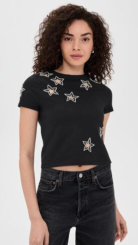 alice + olivia Women's Cindy Classic Cropped Tee with Crystal Star Cutouts in Saudi Arabia