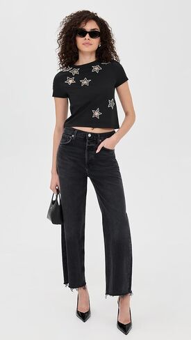 alice + olivia Women's Cindy Classic Cropped Tee with Crystal Star Cutouts in Saudi Arabia