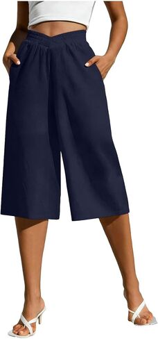 Womens Cotton Linen Capris with Pockets High Elastic Waist Wide Leg Capri Pants 2026 Summer Trendy Cropped Trousers in Kuwait