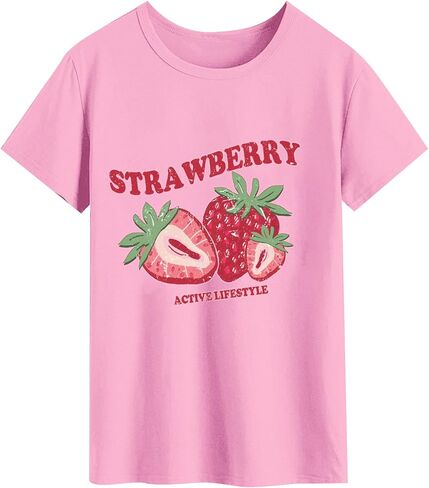 تي شيرت نسائي بطبعة جرافيك فراولة ورقبة دائرية وأكمام قصيرة تي شيرت كاجوال صيفي in Kuwait