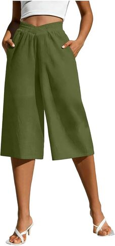 Womens Cotton Linen Capris with Pockets High Elastic Waist Wide Leg Capri Pants 2026 Summer Trendy Cropped Trousers in Saudi Arabia