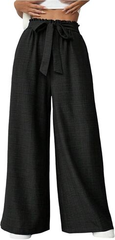 Floerns Women's Casual Wide Leg Baggy Pants Paperbag Waist Trousers with Pocket in Kuwait