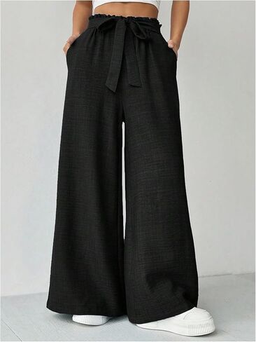 Floerns Women's Casual Wide Leg Baggy Pants Paperbag Waist Trousers with Pocket in Saudi Arabia