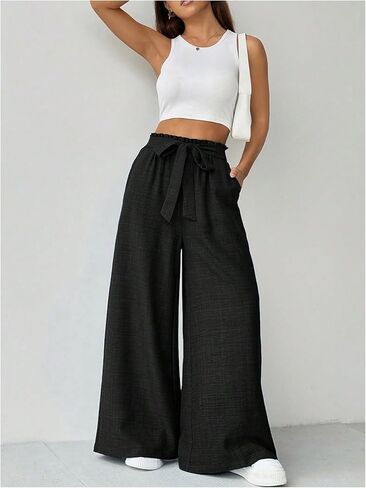 Floerns Women's Casual Wide Leg Baggy Pants Paperbag Waist Trousers with Pocket in Saudi Arabia