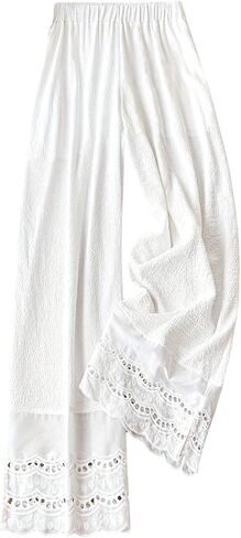 WDIRARA Women's Elastic Waist Wide Leg Pants Boho Hollow Eyelet Embroidered Loose Pants in Kuwait