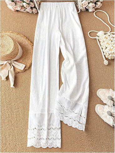 WDIRARA Women's Elastic Waist Wide Leg Pants Boho Hollow Eyelet Embroidered Loose Pants in Kuwait