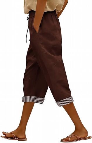 سراويل كابري للنساء من الكتان عالية الخصر بوهو صيفية مقصوصة بنطال بأرجل واسعة وأصفاد مخططة ملابس غير رسمية للإجازات in Kuwait