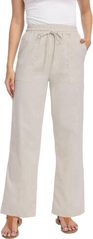 Women's High Rise Linen Blend Pants Summer Casual Trousers with Pockets in Saudi Arabia