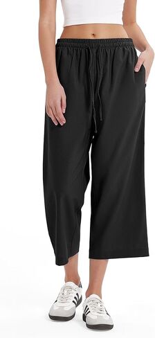 MOOSLOVER Women Linen Summer Capri Pants Drawstring Elastic Waist Wide Leg Pants Casual Straight Leg Pants with Pocket in Kuwait