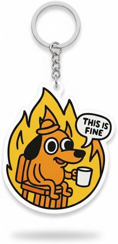 This Is Fine Dog Meme Acrylic Keychain, Funny Cartoon Character Design, Yellow and Orange Decorative Key Ring, 2.5 x 2.5 Inch Acrylic Charm for Bags and Keys in Saudi Arabia