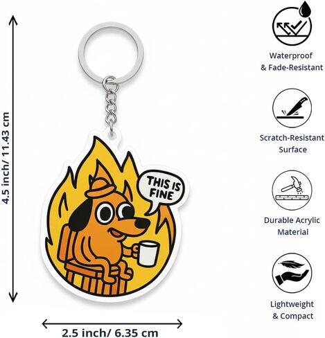 This Is Fine Dog Meme Acrylic Keychain, Funny Cartoon Character Design, Yellow and Orange Decorative Key Ring, 2.5 x 2.5 Inch Acrylic Charm for Bags and Keys in Saudi Arabia