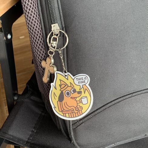 This Is Fine Dog Meme Acrylic Keychain, Funny Cartoon Character Design, Yellow and Orange Decorative Key Ring, 2.5 x 2.5 Inch Acrylic Charm for Bags and Keys in Saudi Arabia