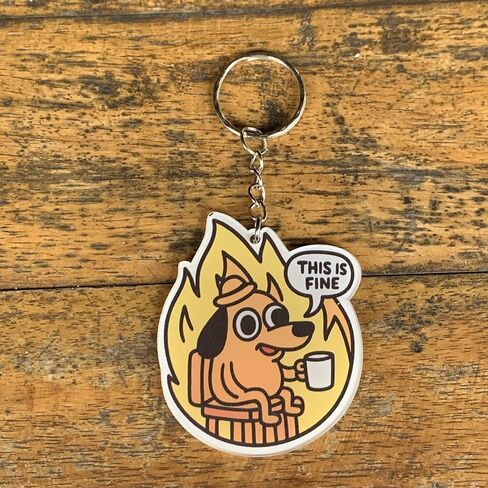 This Is Fine Dog Meme Acrylic Keychain, Funny Cartoon Character Design, Yellow and Orange Decorative Key Ring, 2.5 x 2.5 Inch Acrylic Charm for Bags and Keys in Saudi Arabia
