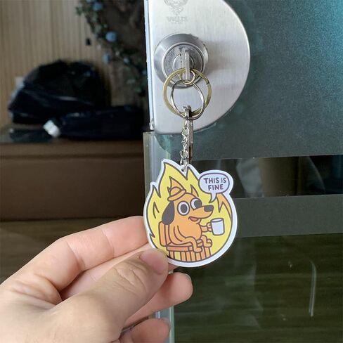 This Is Fine Dog Meme Acrylic Keychain, Funny Cartoon Character Design, Yellow and Orange Decorative Key Ring, 2.5 x 2.5 Inch Acrylic Charm for Bags and Keys in Saudi Arabia