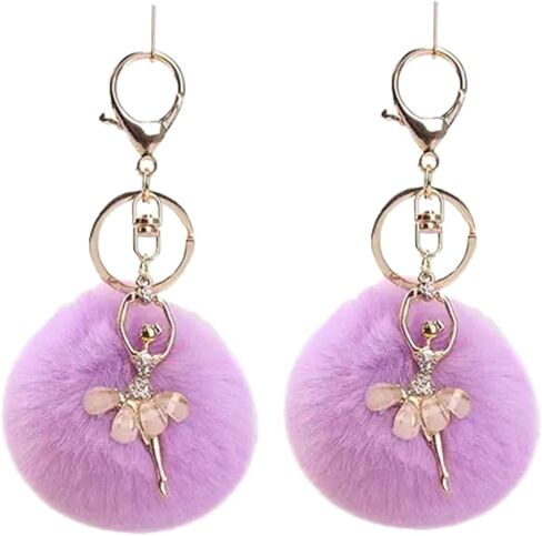 2Pcs Purple Lovely Rhinestone Inlaid Dancing Ballet Girl Pom Pom Keychains Fluffy Plush Ball Pendants Key Chain Charming Women, Women's Keyrings and Keychains in Kuwait