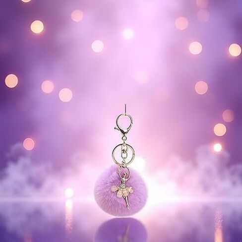 2Pcs Purple Lovely Rhinestone Inlaid Dancing Ballet Girl Pom Pom Keychains Fluffy Plush Ball Pendants Key Chain Charming Women, Women's Keyrings and Keychains in Kuwait