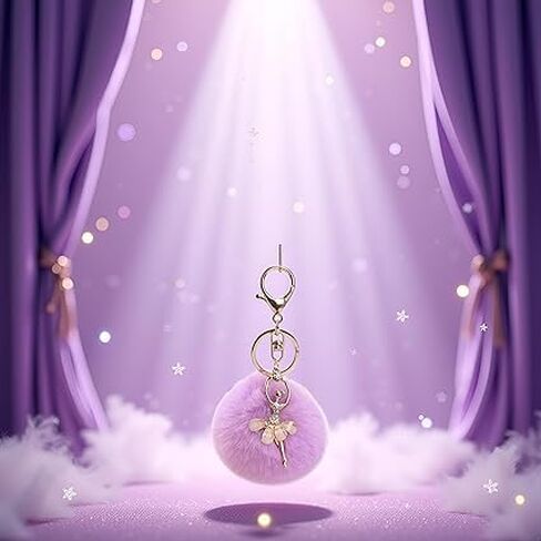 2Pcs Purple Lovely Rhinestone Inlaid Dancing Ballet Girl Pom Pom Keychains Fluffy Plush Ball Pendants Key Chain Charming Women, Women's Keyrings and Keychains in Kuwait