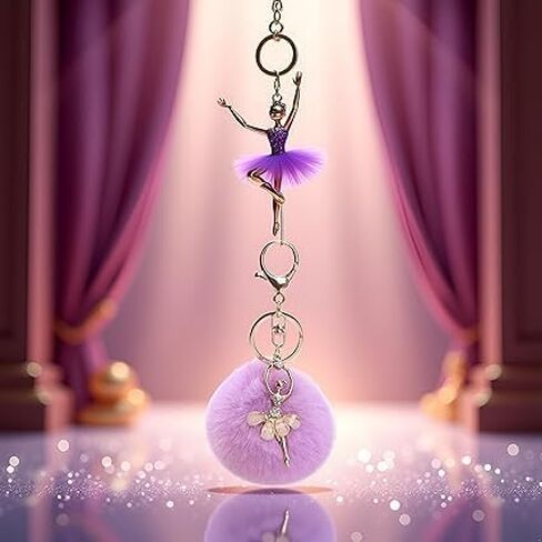 2Pcs Purple Lovely Rhinestone Inlaid Dancing Ballet Girl Pom Pom Keychains Fluffy Plush Ball Pendants Key Chain Charming Women, Women's Keyrings and Keychains in Kuwait