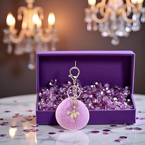 2Pcs Purple Lovely Rhinestone Inlaid Dancing Ballet Girl Pom Pom Keychains Fluffy Plush Ball Pendants Key Chain Charming Women, Women's Keyrings and Keychains in Kuwait