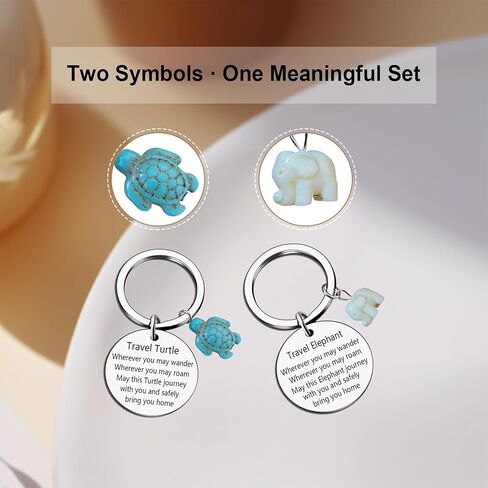 مجموعة سلسلة مفاتيح السلحفاة والفيل - سلسلة مفاتيح للسفر على شكل سلحفاة بحرية مع سحر الفيل، سلاسل مفاتيح رمز الحيوان ذات مغزى للنساء، هدية حظ جيدة للمسافرين والأصدقاء والعائلة وإكسسوارات الحمل اليومية in Kuwait