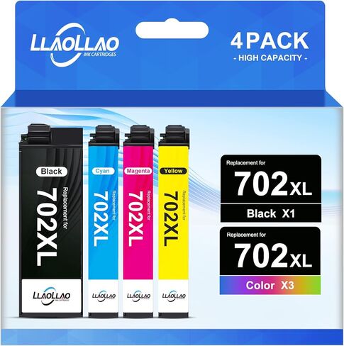 LLAOLLAO 702XL 702 Ink Cartridges Combo Pack Remanufactured Replacement for 702xl Ink Cartridges for Printer WF-3720 WF-3730 WF-3733 (1 Black 1 Cyan 1 Magenta 1 Yellow, 4 Pack) in Kuwait