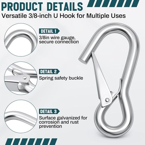 10 Pack 3/8 Inch Trailer Safety Chain Snap Hooks with Spring Loaded Latch, 880 Lbs Working Load Limit, Quick Release Hooks for Towing, Cargo Straps, Hand Winches & Industrial Use in Kuwait