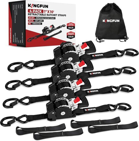 Kingfun Retractable Ratchet Straps (4-Pack) - 1 Inch x 10 Feet Auto Self Retracting Tie Down Straps - 1,760lb Break Strength Heavy Duty Cargo Straps for Motorcycle, ATV, UTV, Trailer & More - Orange in Kuwait