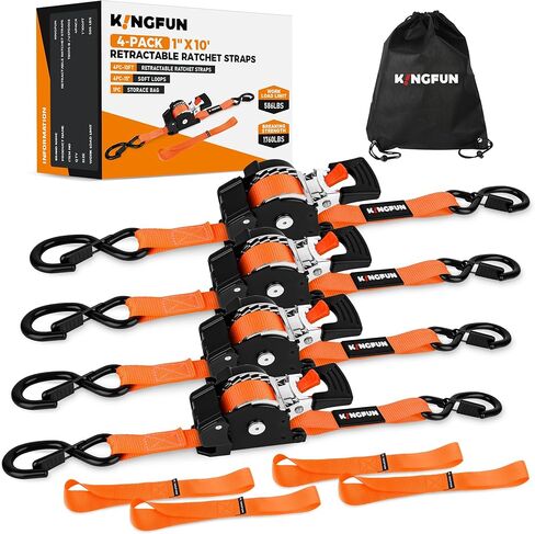 Kingfun Retractable Ratchet Straps (4-Pack) - 1 Inch x 10 Feet Auto Self Retracting Tie Down Straps - 1,760lb Break Strength Heavy Duty Cargo Straps for Motorcycle, ATV, UTV, Trailer & More - Orange in Saudi Arabia
