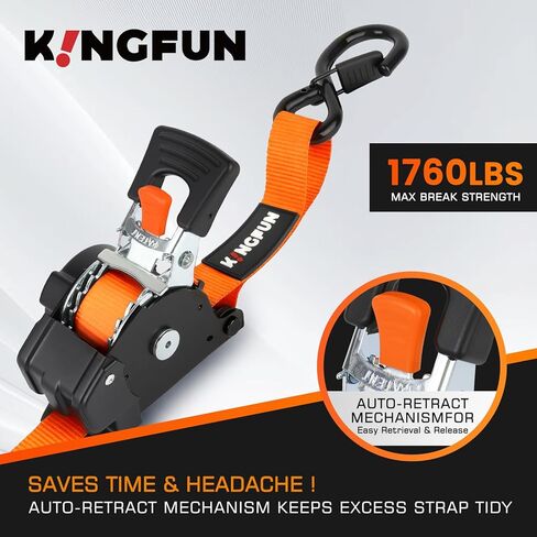 Kingfun Retractable Ratchet Straps (4-Pack) - 1 Inch x 10 Feet Auto Self Retracting Tie Down Straps - 1,760lb Break Strength Heavy Duty Cargo Straps for Motorcycle, ATV, UTV, Trailer & More - Orange in Saudi Arabia