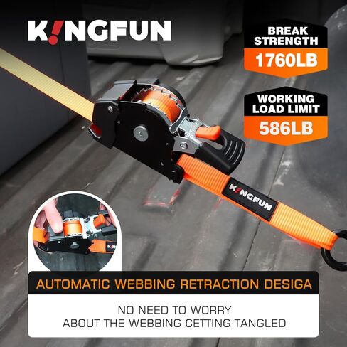 Kingfun Retractable Ratchet Straps (4-Pack) - 1 Inch x 10 Feet Auto Self Retracting Tie Down Straps - 1,760lb Break Strength Heavy Duty Cargo Straps for Motorcycle, ATV, UTV, Trailer & More - Orange in Saudi Arabia